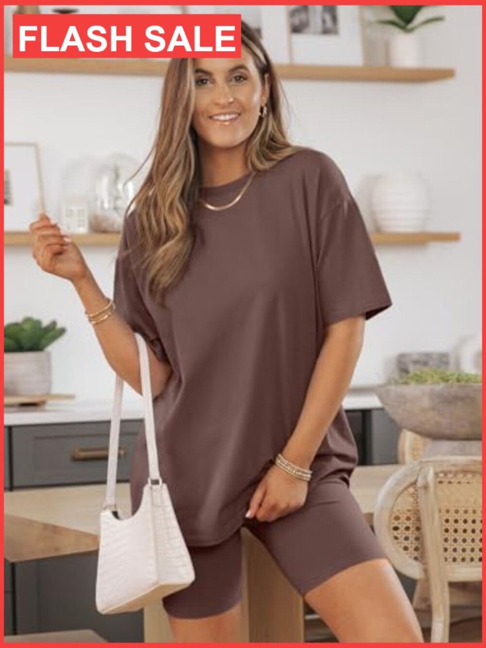 Oversized Tee & Biker Shorts Lounge Set, Cotton Spandex, Size Medium - Picture 5 of 6
